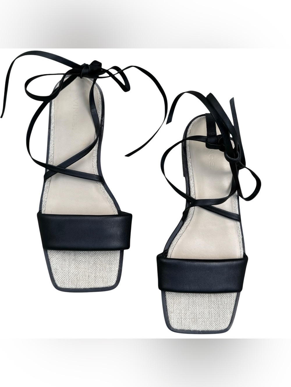 Vince Minimalist Black Italian Leather Lace-Up Square Toe Women's Sandals - 7